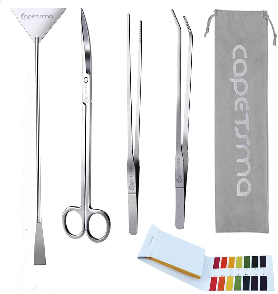 Capetsma Aquascape Long Stainless Steel Plant Tools Set - Aquarium Tweezers, Scissors, Spatula, Algae Scrapers - Fish Tank Cleaning Kit