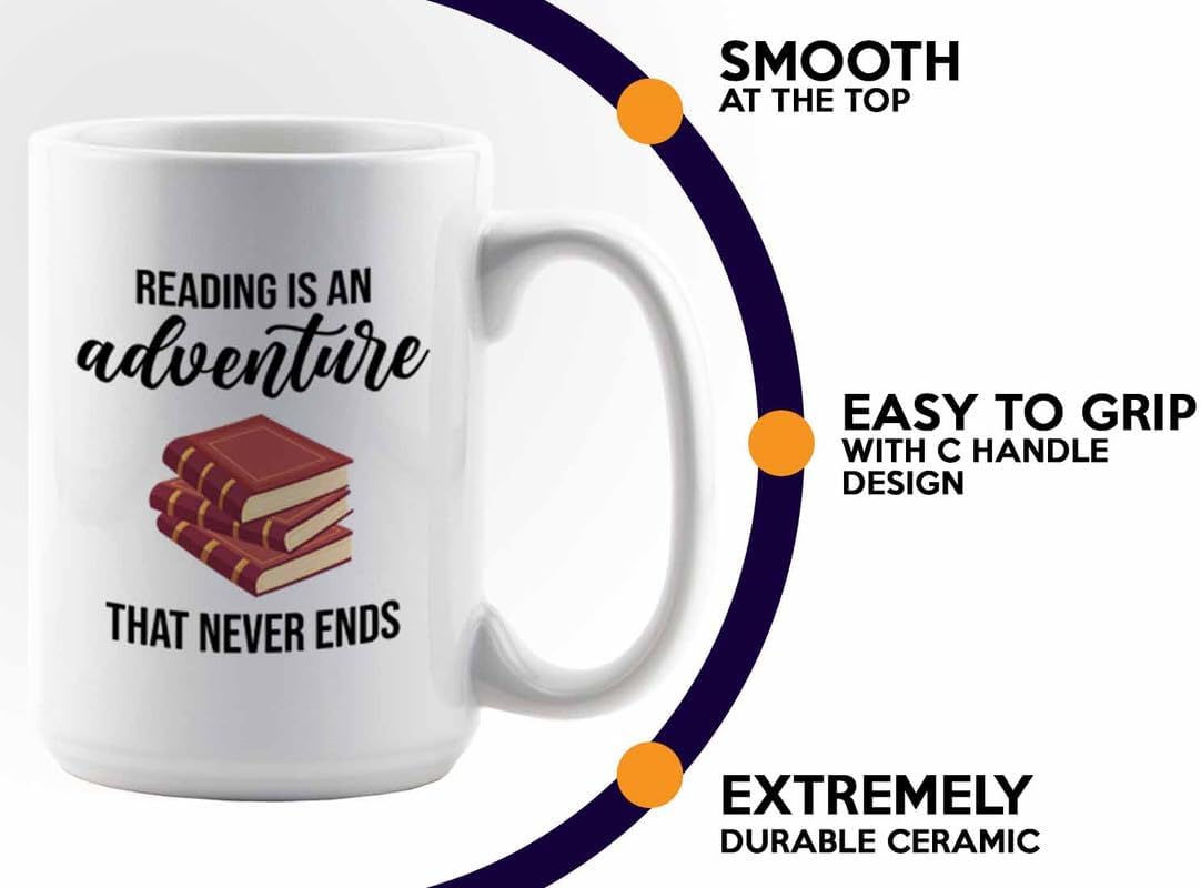 Bookish Coffee Mug 15oz White -Reading is an adventure - Novel enthusiast Book Club Librarian Book Lover Writer Reader Bibliophile