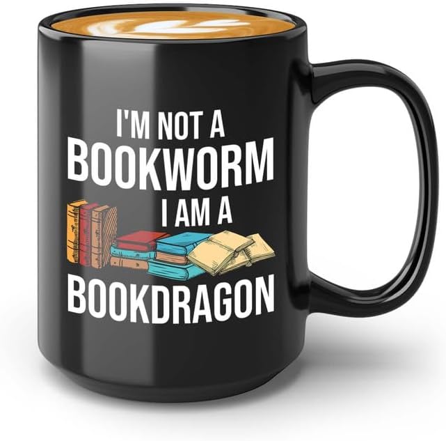 Reading Coffee Mug 15oz Black - Bookworm to Bookdragon - Reader Gift Book Addict Book Lover Bookish Appreciation For Friend Novelist Writer Librarian Bookworm