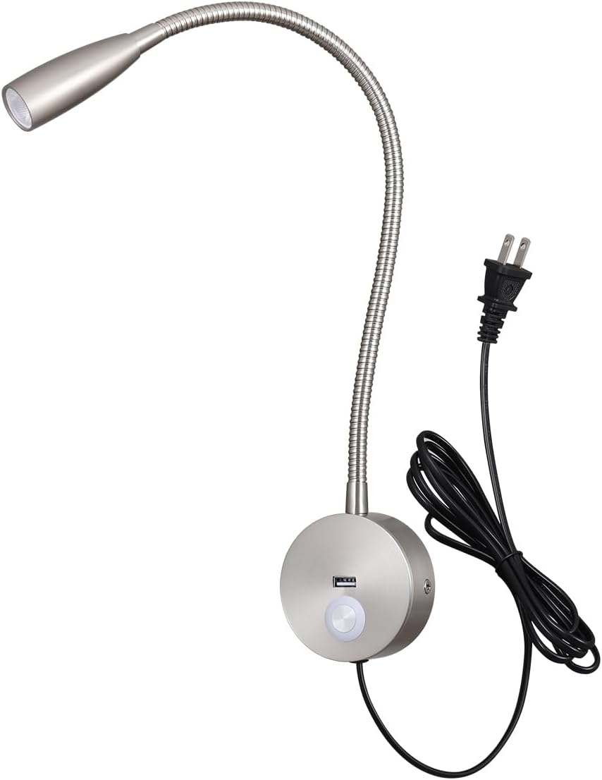 LED Bedside Touch Dimmable Wall Mounted Reading Light - Night Light With USB Flexible Gooseneck - Brushed Nickel