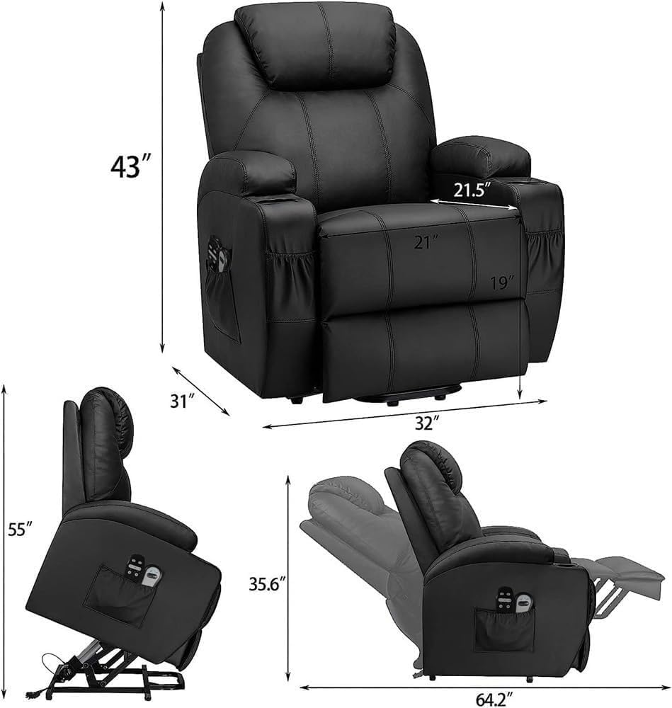 PU Leather Power Lift Recliner Chair for Seniors with Massage, Ergonomic Lounge Seat, Cup Holders, Side Storage Pocket, Comfortable Single Reclining Sofa for Home Theater