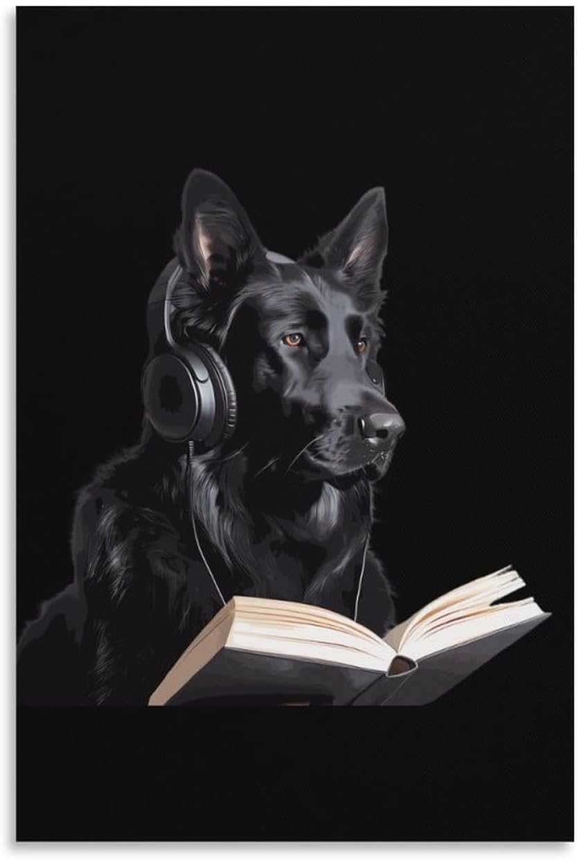German Shepherd Wearing Headphones Reading Canvas Wall Art Print Artwork Picture Hanging Painting Modern Home Living Room Decor
