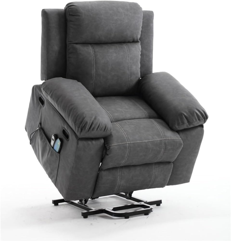 Electric Power Lift Recliner with Massage & Lumbar Heat – Gray Leather Sofa with Remote Control, Cupholders, USB Ports, Comfort for Elderly & Living Room