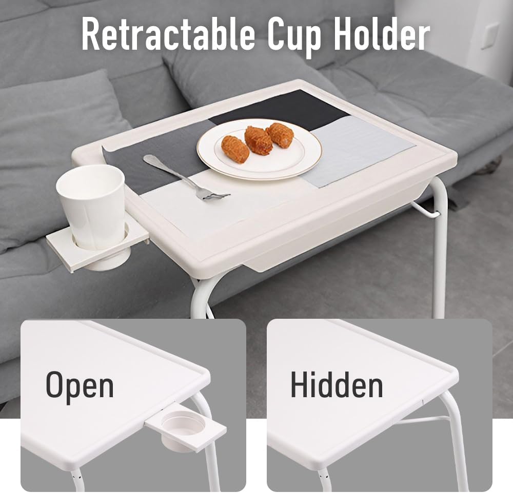 Japard Folding TV Tray Table, Small Bedside Sofa Dinner Table with Cup Holder, Adjustable 6 Height & 3 Tilt Angle (White_ 2 pcs)