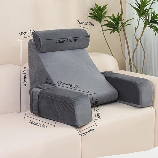 Backrest Pillow with Armrests and Storage Pockets, Gray, Reading Support Cushion with Removable Arms and Neck Roll