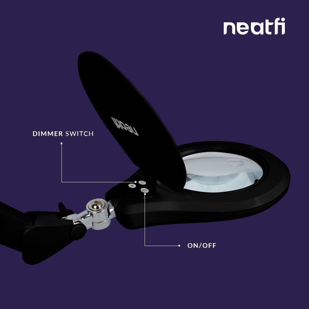Neatfi Elite Super LED Magnifying Lamp with Clamp – 6” Glass Lens, 2.25X/4X Bifocal, 6500K Daylight | Glare-Free, Nonpolar Dimming | Reading, Crafting & Precision Work (Black, 6 Inch Glass Lens)