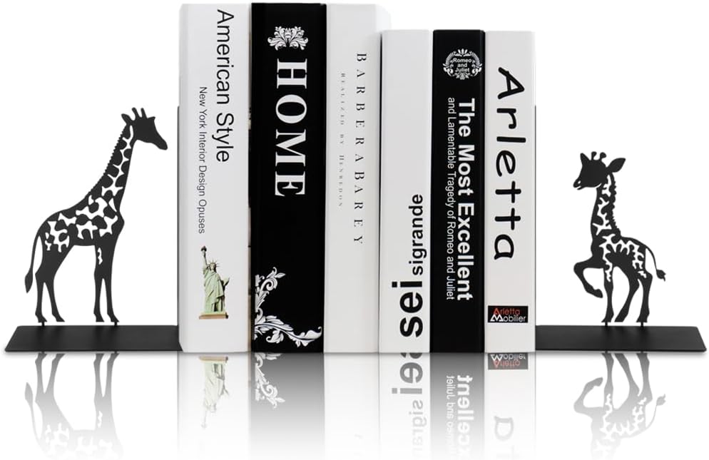 1 Pair Giraffe Bookends for Shelves,3D Foldable Giraffe Book Ends Decorative Bookends Organizer Metal Book Stands Journal Book Holder Book Stoppers for Women Girls Kids Gift Home School Library Decor