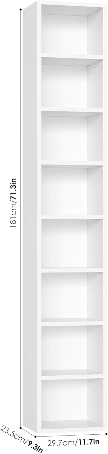 FOTOSOK White Bookshelf 8-Tier Media Tower Rack, 11.6 X 9.3 X 70.9 Inches CD DVD Slim Storage Cabinet with Adjustable Shelves, Tall Narrow Bookcase Display Bookshelf for Home Office, White