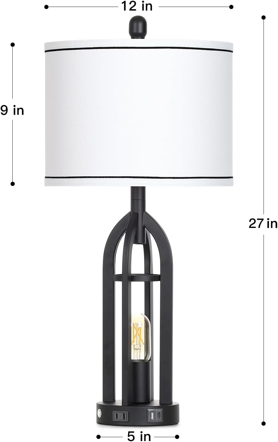 27" Tall Vintage Table Lamp with USB C+A & Outlet,Black Industrial End Table Lamp for Living Room,Farmhouse Rustic Bedside Lamps with Night Light for Bedroom Nightstand,Black（2 LED Bulbs Included）
