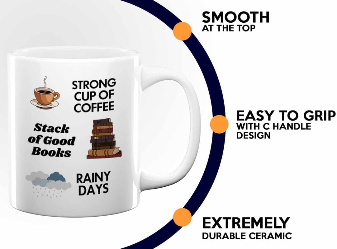 Reading Coffee Mug 11oz White - Coffee Book Rainy Days - Reader Gift Bookworm Owl Lover Cat Lover Book Lover Novelist Librarian Writer