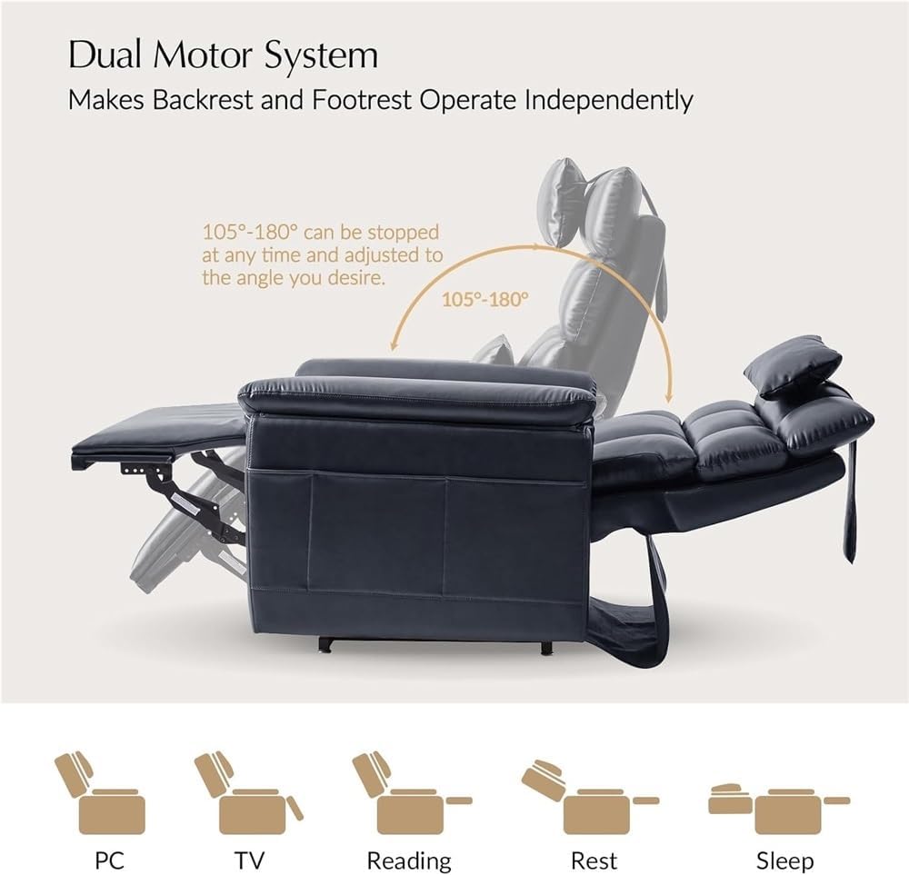 Power Lift Recliner Chair for Living Room, Blue Leather Electric Recliner with Adjustable Headrest and Lumbar Pillow Support, Ergonomic Oversized Single Seating