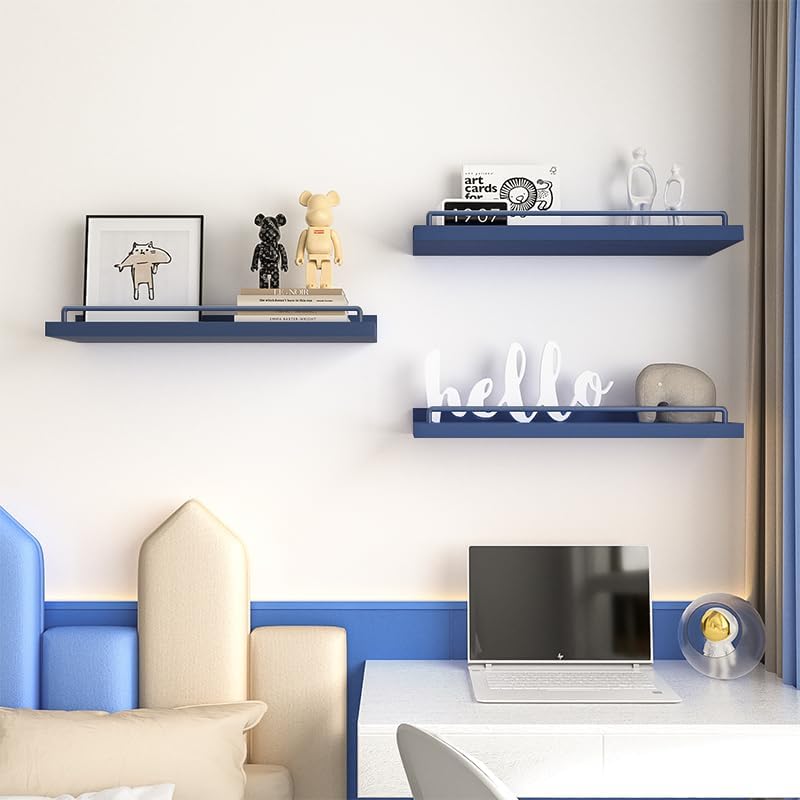 Floating Shelves, Bathroom Decor Shelves Over Toilet, Farmhouse Wall Shelves for Living Room, Bedroom, Picture Frames, Plants, Kitchen, Set of 3 (Dark Blue)