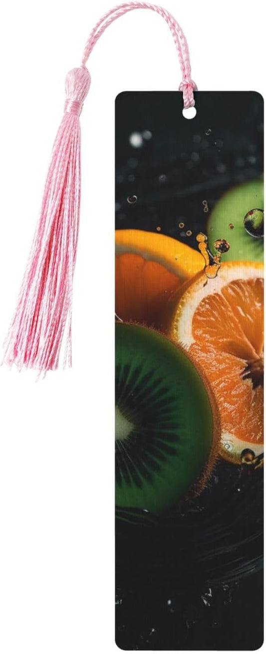 Kiwi and Orange Slices Bookmarks Gifts for Women Men, Wooden Bookmarks for Book Lovers, Vintage Book Marks Ornaments with Tassel, Unique Personalized Reading Page Markers Pink