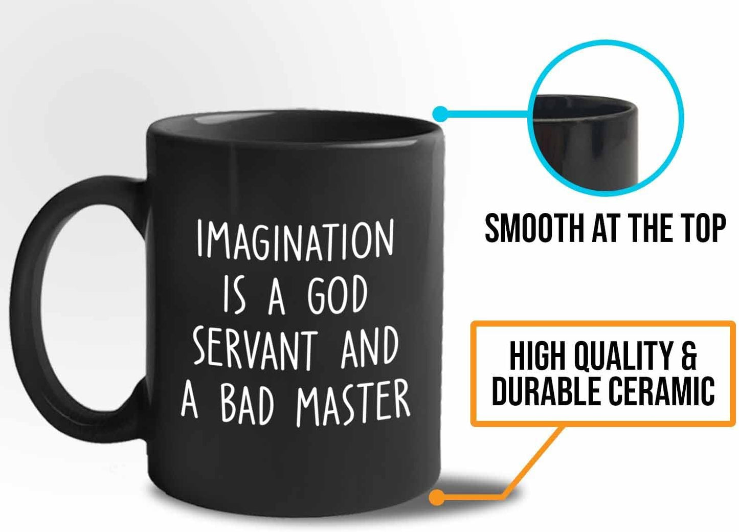 Bubble Hugs Writer Coffee Mug 11oz Black - Imagination is a god servant and a bad master - Reading Book Lover for Bookworm Bibliophile Librarians Author Readers Bookish