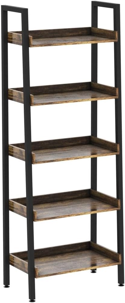 ASTARTH Ladder Shelf-5 Tier Bookshelves w/Open Shelf for Storage, Industrial Bookshelf & Tall Ladder Shelf-Metal Frame for Bedroom, Living Room, Kitchen-67.3'' H, Easy Assembly, Rustic Brown