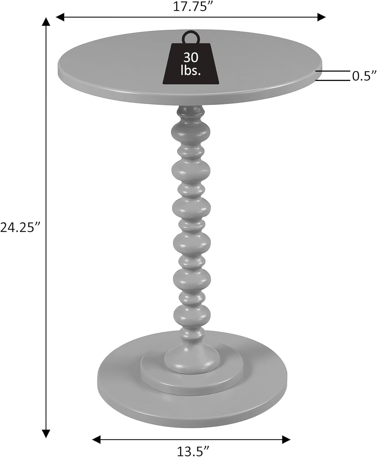 Convenience Concepts Palm Beach Spindle Table 17.75" - Traditional Round End Table for Living Room, Turned Solid Wood Side Table, Classic Display Pedestal Table, White