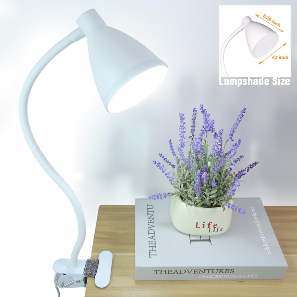 Clip on Lamp Reading Lights,3 Color Modes 10 Brightness Dimmer with Auto Off Timer Eye-Caring 360° Flexible LED Desk Lamp Gooseneck Clip for offic Bed Desk Headboard Dorm ,AC Adapter Include,White