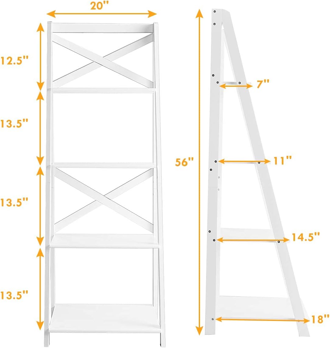 4-Layer Ladder Shelf Rack, Free Standing Wooden Bookcase, Flower Plants Display Shelf, Multifunctional Storage Bookshelf for Entryway Living Room Kitchen Bedroom Office (1, White)