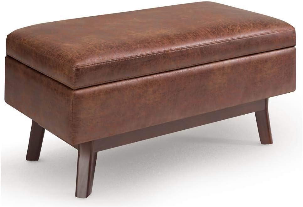 SIMPLIHOME Owen Small Rectangular Storage Ottoman - 36 inch Wide Upholstered Vegan Leather Lift-Top Ottoman in Distressed Saddle Brown, Mid-Century Modern Ottoman for Living Room with Tufted Detail