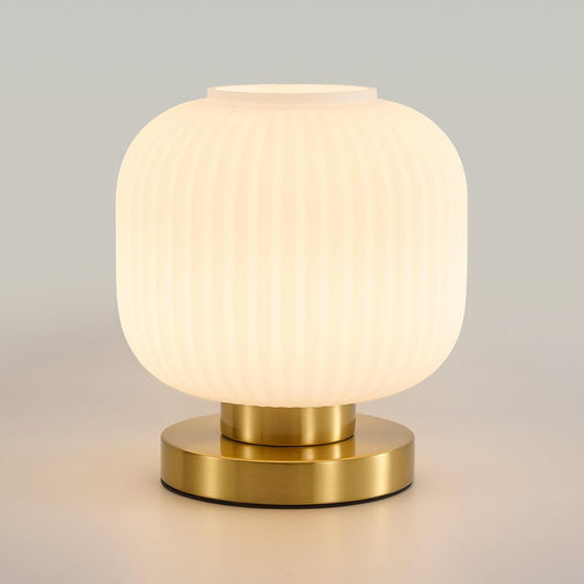Dimmable Small Glass Table Lamp: Mid Century Modern Nightstand Light with Milk White Shade - Small Decorative Brass Desk Lamp - Ribbed Glass Bedside Tables Lamps for Bedroom Living Room Bulb Excluded