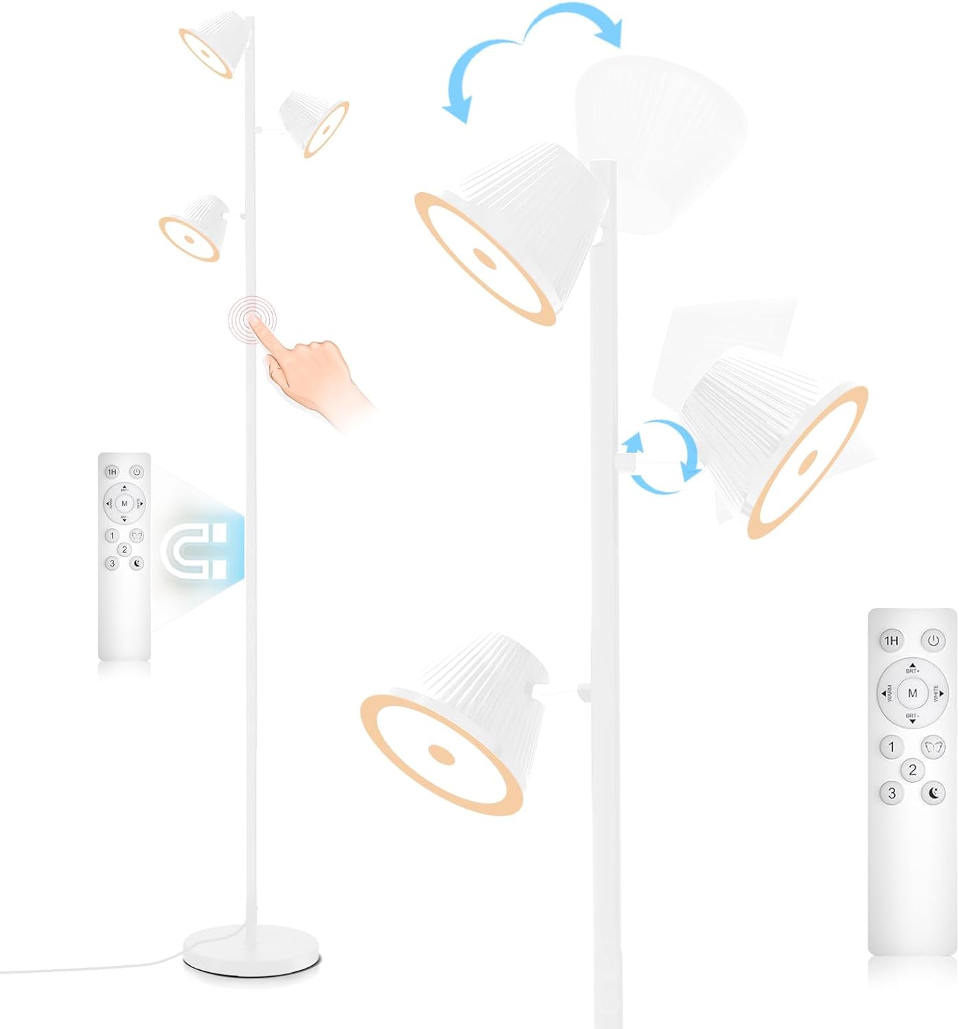 White 42W Tree Floor Lamp, 4200LM Super Bright LED Floor Lamps for Living Room with Remote & Touch Control, 3 Rotatable Lights 4 Color Temperatures, Modern Tall LED Standing Lamp for Bedroom Office