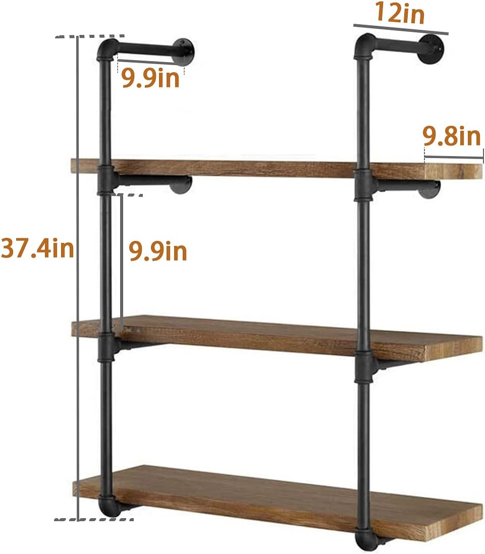 Melody House Industrial Pipe Shelving Wall Mounted Rustic Floating Shelves Iron Shelves for Wall DIY Bookshelf Brackets for Home Kitchen Office (4 Tier, 2 Pcs, 37” Tall, 12” Deep)