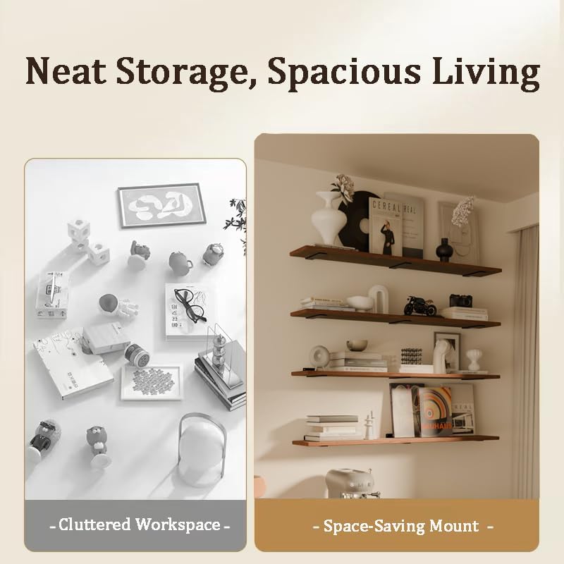36 Inch Floating Shelves Set of 4, Rustic Brown Wood Wall Mounted Shelves with 100 lbs High Capacity, Farmhouse Wood Shelving for Living Room, Kitchen, Bedroom, Bathroom & Office