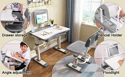 Yinleader Kids Desk and Chair Set,Height Adjustable,Spacious Storage Drawer,with Adjustable Tilted Desktop, Bookstand, Touch Led Lamp for School Student (Gray Set)
