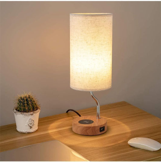 Smart Bedside Table Lamp Set of 2 with Wireless Charger & USB Port - Touch Control LED Desk Lamp for Bedroom, Dimmable Wooden Nightstand Lamp with Fabric Shade for Living Room, Kid's Room,(Cream)