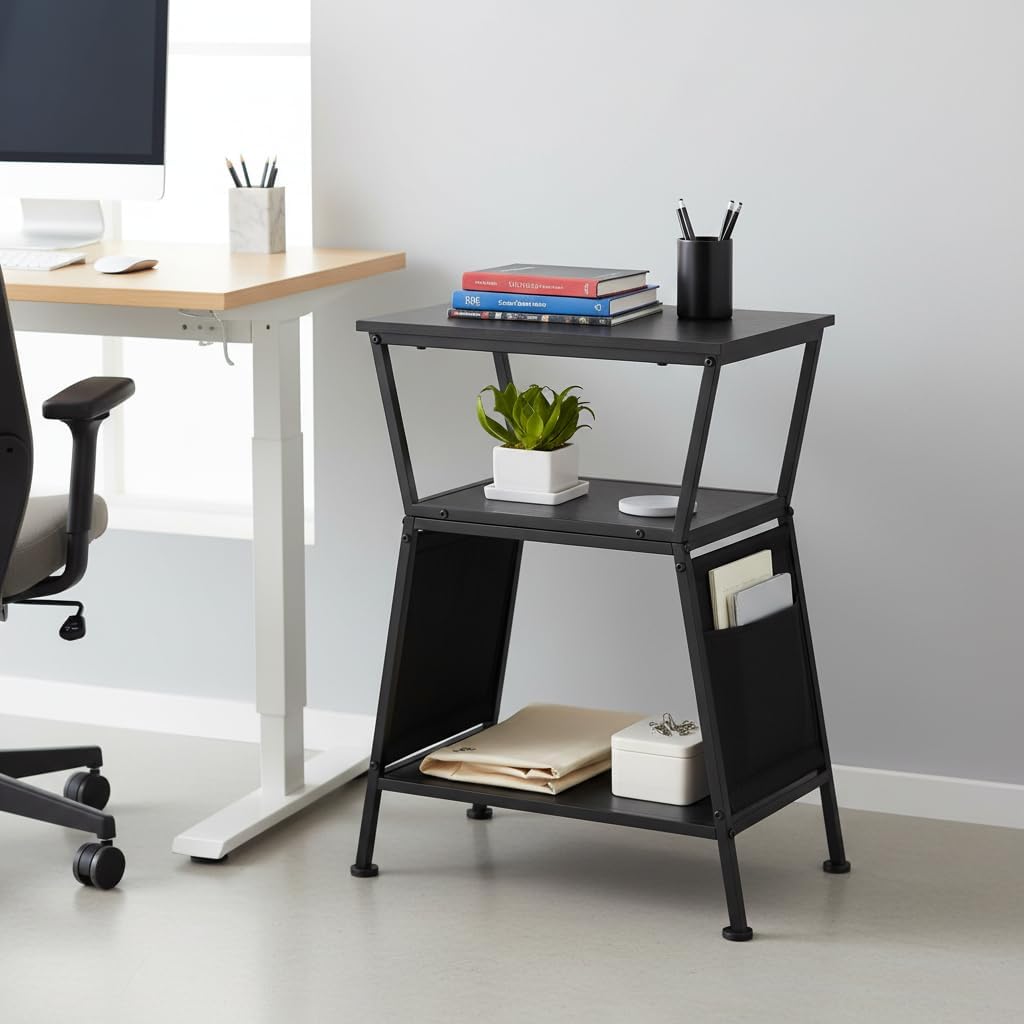 End Table with Storage Bag, Three-Tier Trapezoidal Side Table with Storage Bag, Corner Table Sofa End Table for Living Room Bedroom
