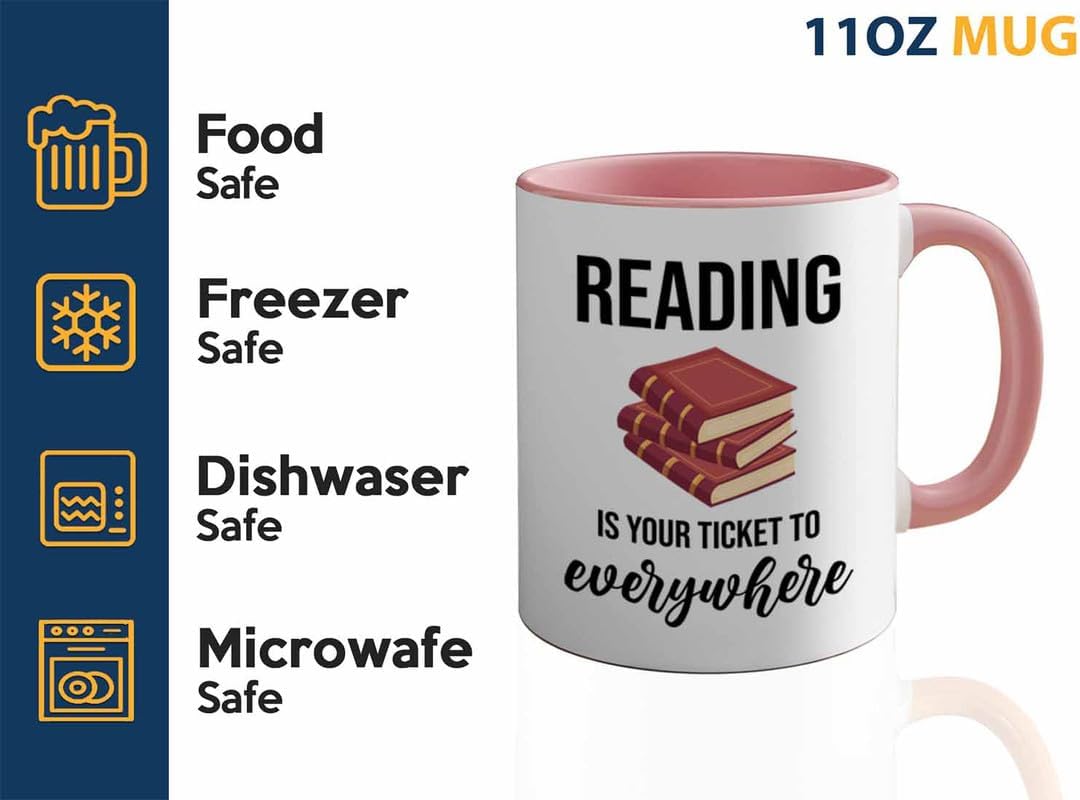 Bookish 2Tone Mug 11oz Pink -Reading ticket to everywhere - Novel enthusiast Book Club Librarian Book Lover Writer Reader Bibliophile