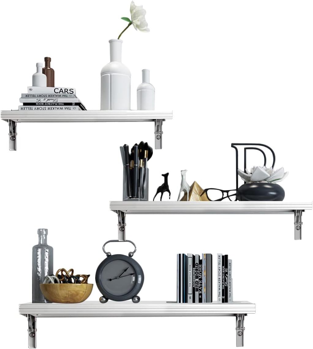 evron Floating Shelves Wall Mounted Set, Water Proof Wall Shelves for Living Room, Dining Room, Bedroom, Kitchen, Office and Greenhouse (Silver Grey Set of 3)
