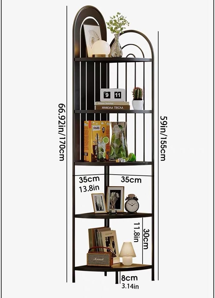Black 5 Tier Metal Corner Shelf,Tall Industrial Corner Shelving Unit,Freestanding Corner Storage Rack for Small Spaces,Narrow Corner Bookshelf for Living Room,Bedroom,Bathroom