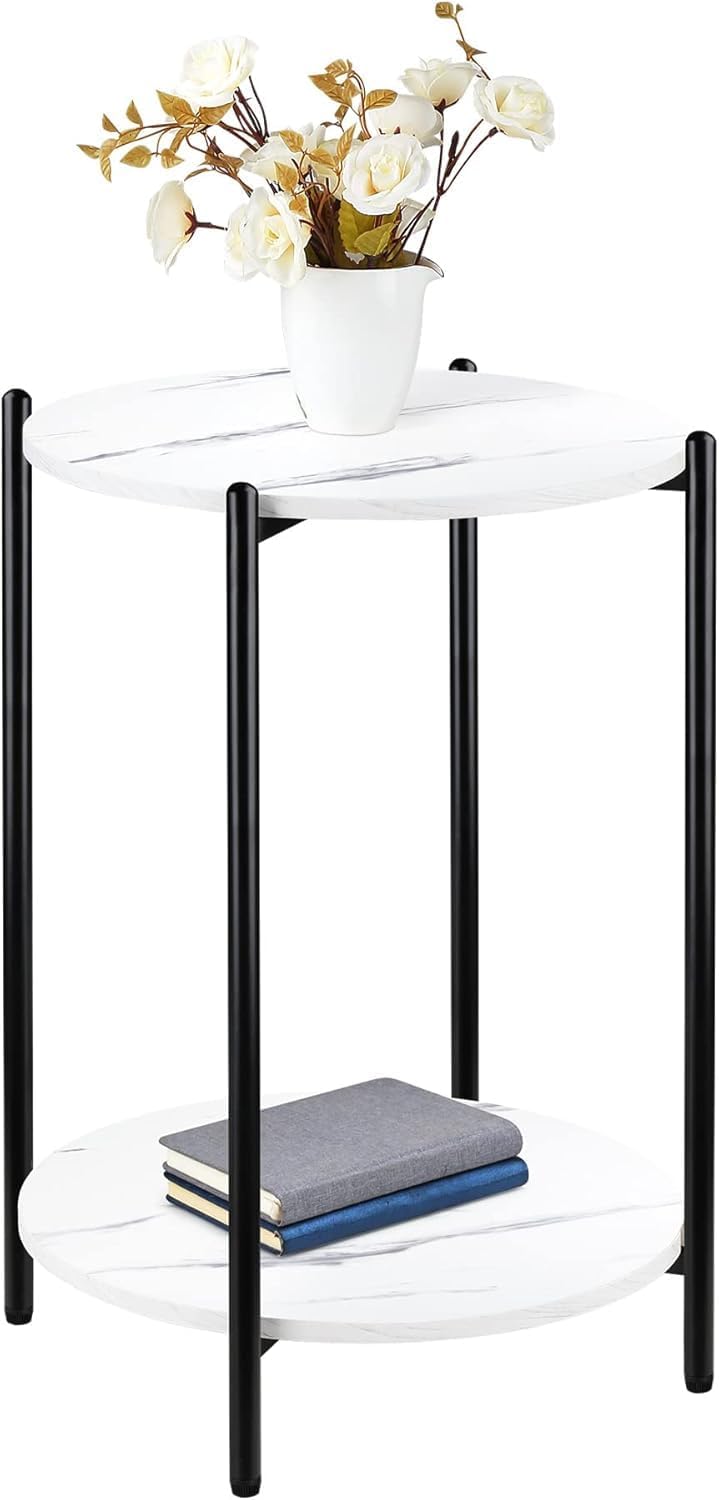 Faux Marble End Table White Black Side Table Marble Nightstand for Living Room or Bedroom Modern Accent Table with Black Metal Frame (1 pcs Black, Round)