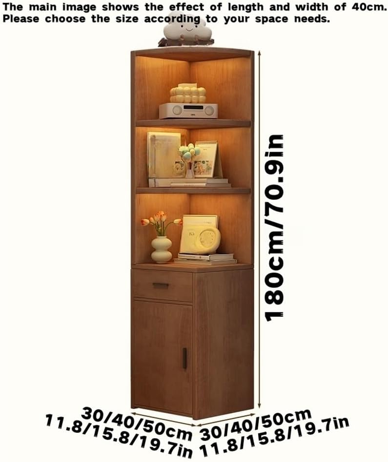 Bookcase, Curved Profile Rack, Display Cabinet with Doors, Wooden Book Shelf with Storage Drawers, Modern Corner Shelf for Living Room, Bedroom, Study(Brown,11.8x11.8x70.9in)