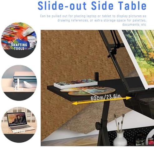 Drawing Tilting Tablet,(Glass Drafting Work Station with Stool, Art Craft Table, Adjustable Height(29.1"-36.6") & 0°-80° Tiltable Tabletop, Drawing Desk for Studio Home Office School)
