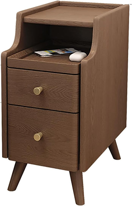 Solid Wood Nightstand with 2 Drawer, Narrow Bedside Tables with Bookshelf, Mid Century Modern Slim Skinny Side Table for Bedroom, Living Room, Small Spaces (25x40x50cm(10x16x20inch), Walnut)