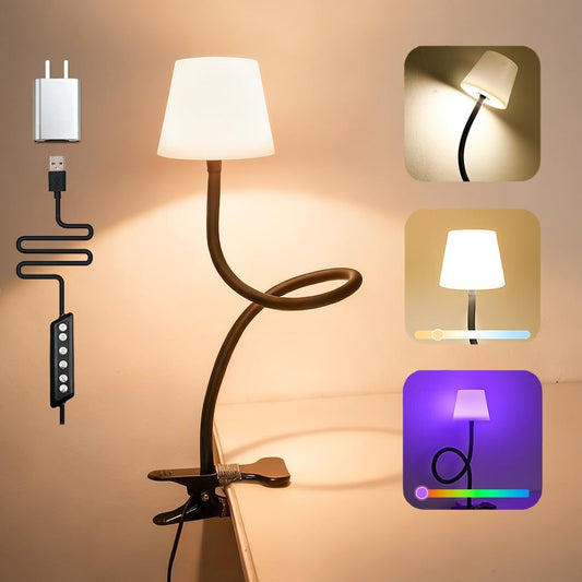Clip On Light and Bed Reading Light, Clip on for Desk, Bedside Lamps for Dorm, College Dorm Room Essentials, Night Light for Kids Nursery, Multicolor LEDs, Adapter Included