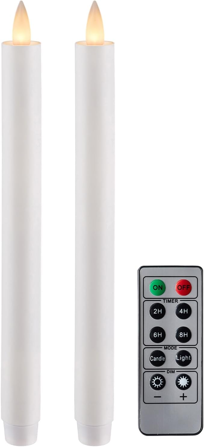 Flameless Taper Candles Flickering with Remote and Timer, 3D Moving Flame Taper Candle Battery Operated to 400 Hours, 9 Inch Window Candles, (White)