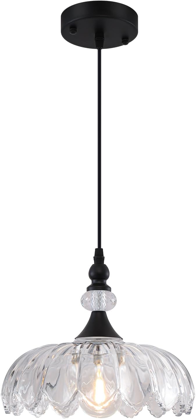 Vintage Pendant Light, Matte Black Pendant Light with Glass Shade, Farmhoue Pendant Light Fixture, Pendant Lighting for Kitchen Island, Dinnng Room, Living Room, Bedroom, Hallway