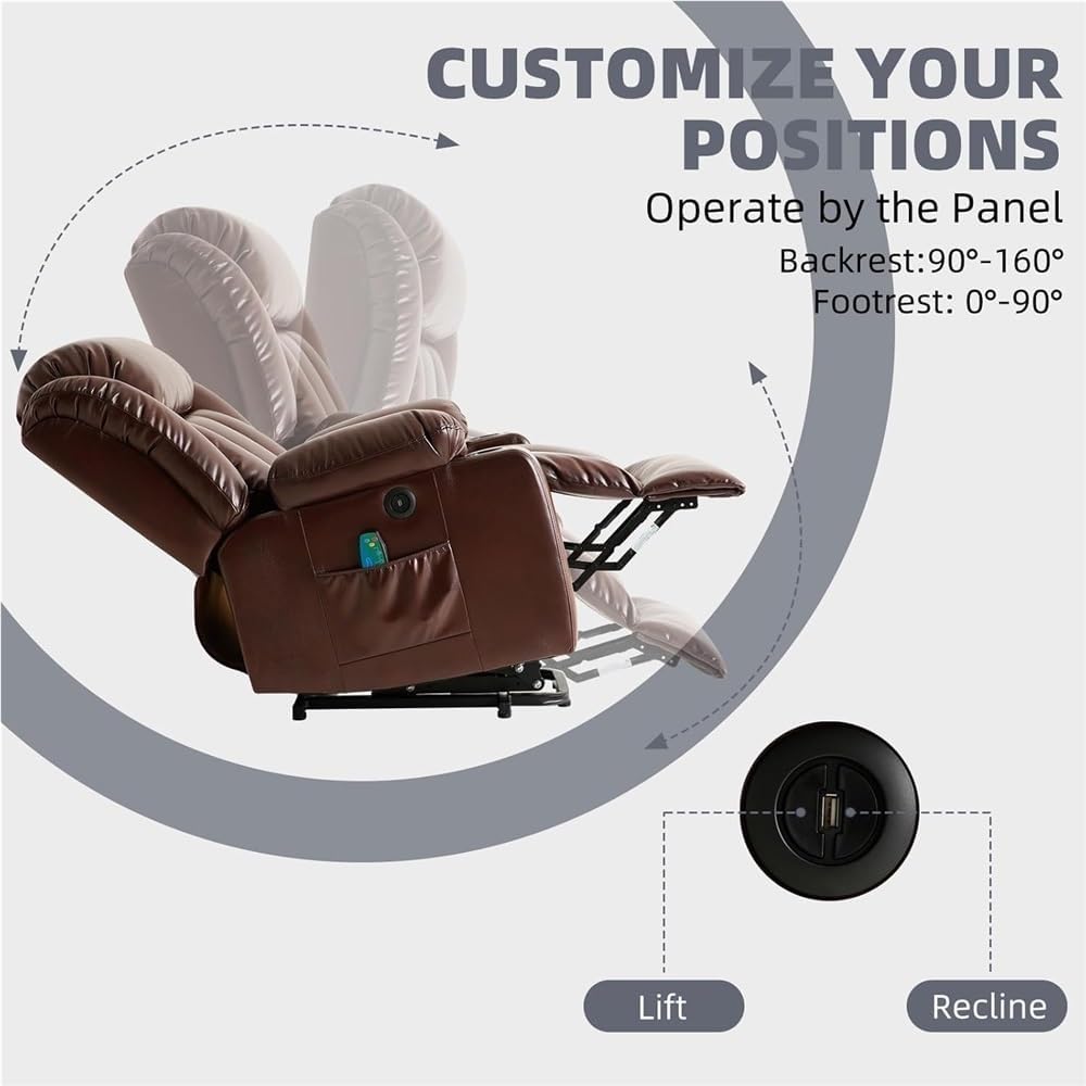 Brown Power Lift Recliner Chair, Heavy Duty Electric Sofa with Heat Massage, PU Leather Reclining Seat with Remote Control, Cup Holders, USB Port, Adjustable Backrest