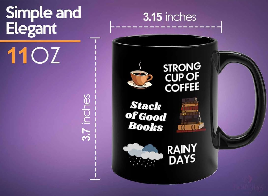 Reading Coffee Mug 11oz Black - Coffee Book Rainy Days - Reader Gift Bookworm Owl Lover Cat Lover Book Lover Novelist Librarian Writer