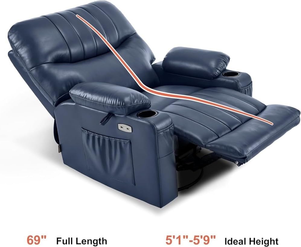 Power Swivel Glider Rocker Recliner Chair with Heat and Massage, Comfy Leather Nursery Chair with USB Ports & Cup Holders, Electric Reclining Sofa for Living Room, Blue