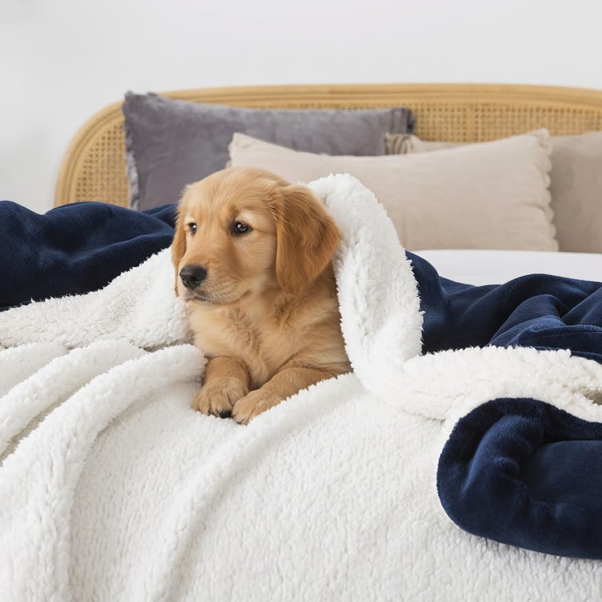 WDCOZY Sherpa Fleece Blankets Fuzzy Thick Warm Throw Blanket Super Soft Reversible Luxurious Fluffy Plush for Sofa Couch Bed Home Decor All Seasons Winter Blankets 50"x60" Navy Blue