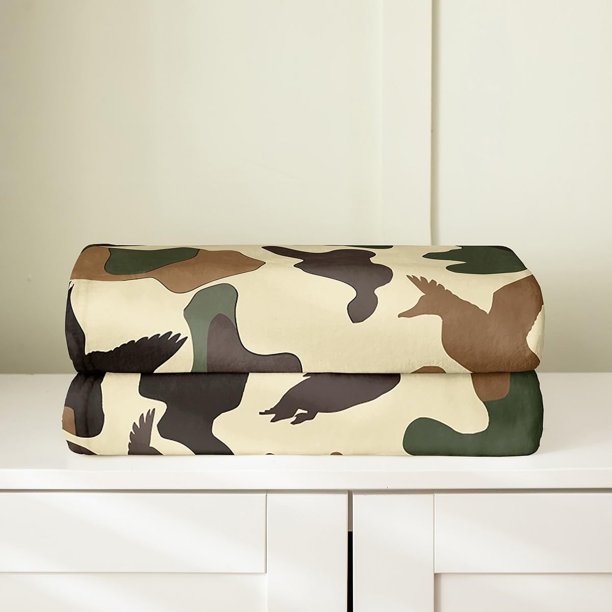 Erosebridal Duck Hunter Blanket Twin 60x80 Inch Camo Throw Blanket for Kids Army Camouflage Hunting Fleece Blanket Vintage Green Brown Bedroom Decor Wild Animal Duck Rustic Flannel Blanket