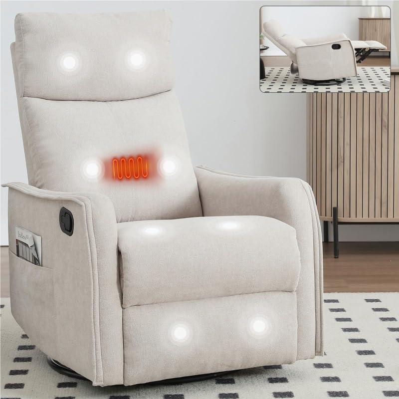 Rocking Recliner Chair with Heat and Massage Modern 360 Swivel Glider Chairs Reclining Backrest and Footrest for Adults Bedroom Living Room Office