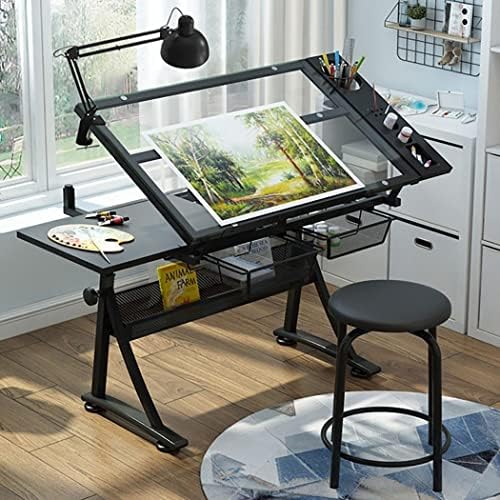Drawing Tilting Tablet,Artists' Drafting Table with Stool - Height Adjustable, Tempered Glass Top, 2 Drawers - Tiltable Draft Desk for Reading, Drawing, Writing - Work Station for Artists -