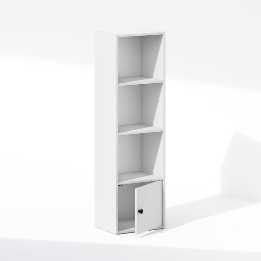 Furinno LUDER Display Shelf, 4-Tier Standing Storage Shelves with Door Cabinet, Book Shelf with Open Storage, for Organization and Storage, Living Room, Home Office, White