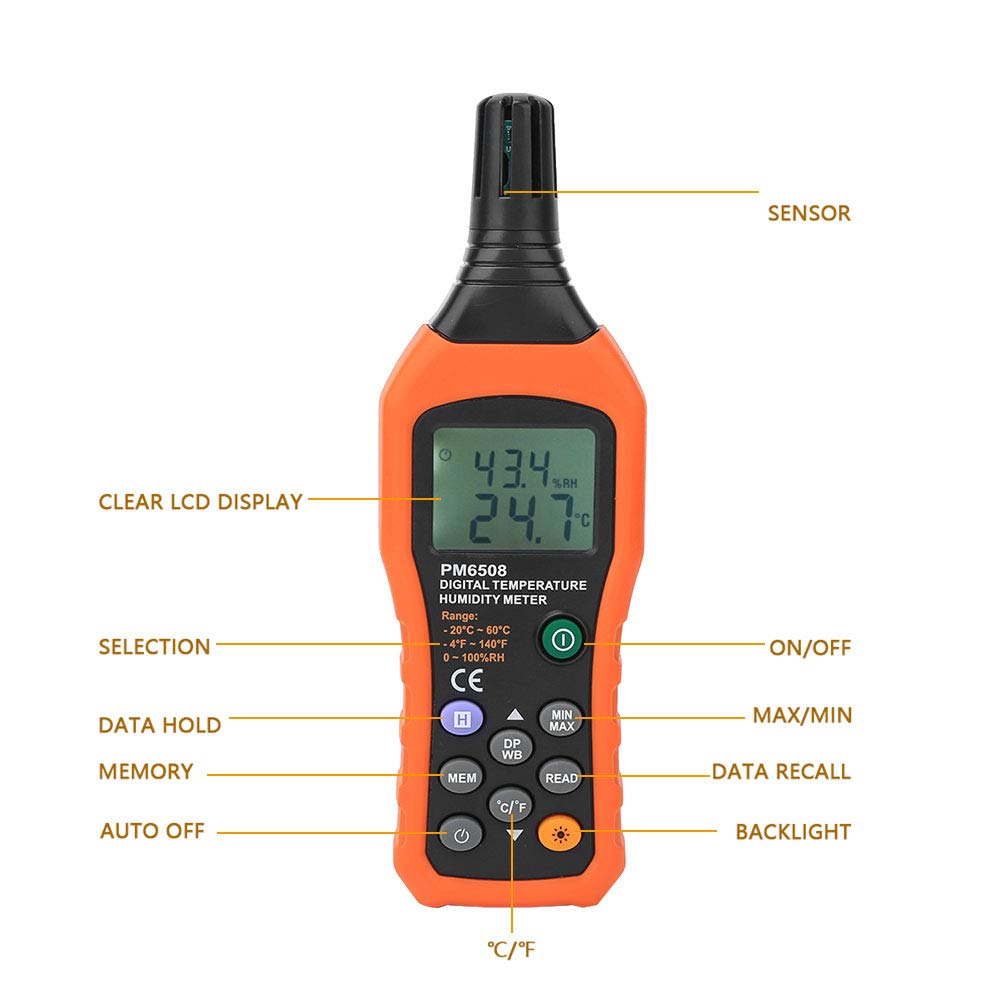 Digital Humidity and Temperature Meter MS6508 Handheld Portable Thermometer Humidity Gauge Meter Monitor with Dew Point and Wet Bulb Backlight LCD Display for Daily Life Industry Agriculture