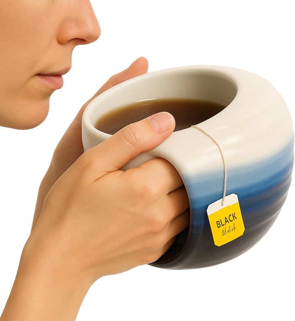 Double Hand Warmer Mug , Handmade Pottery - HandWarmer Contoured Pockets Both Hands will Hold Warmth From The Heat Of Your Drink To Keep Your Fingers Warm, Comfy Blue - Winter Stocking Stuffer Gift